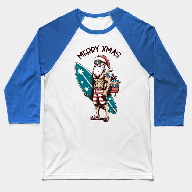 Surfer Santa Claus, Christmas Baseball T-Shirt by WorldByFlower